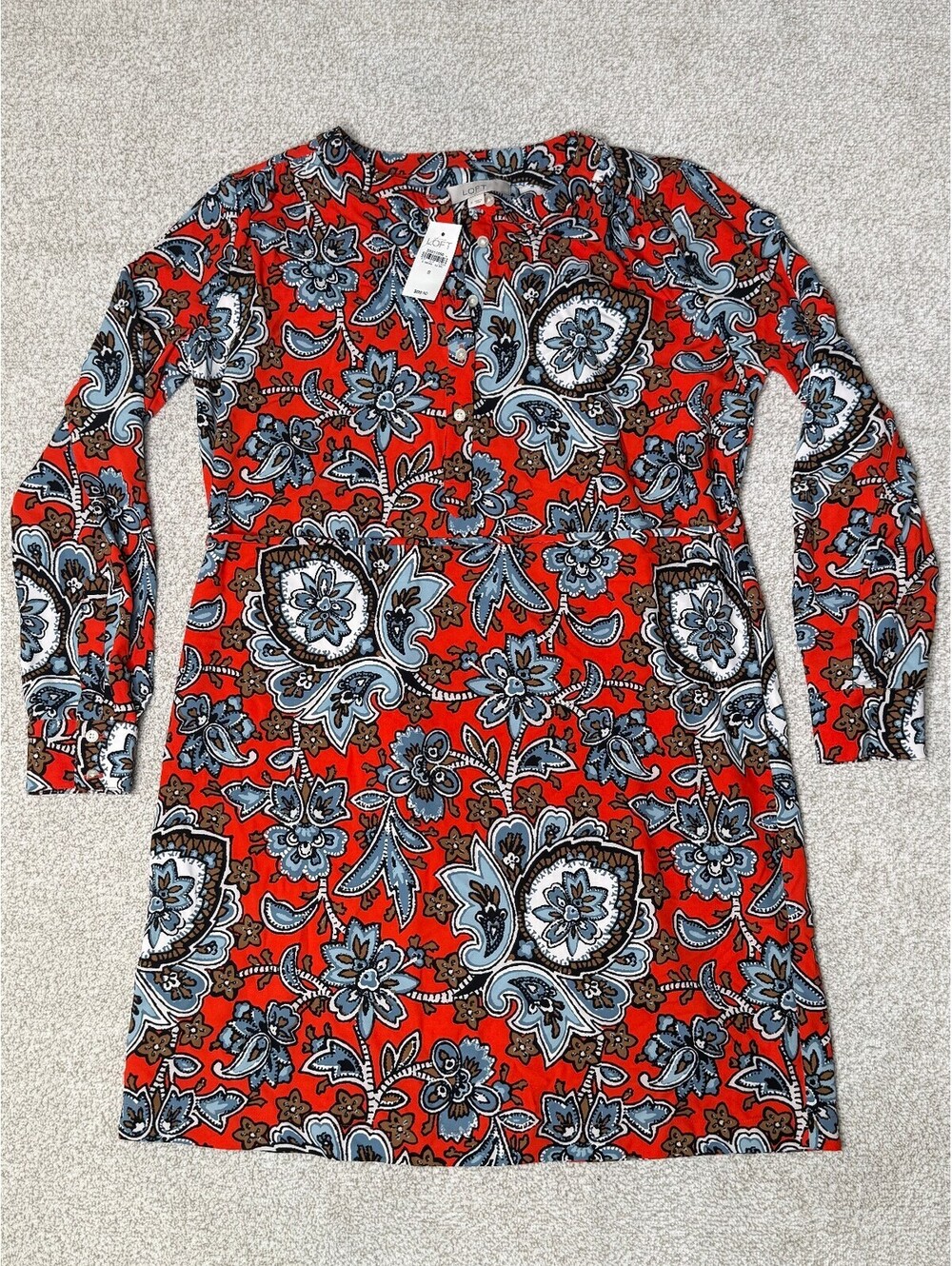 LOFT Paisley Floral Shirt Dress Size S NWT Red Blue Long Sleeve $89.50